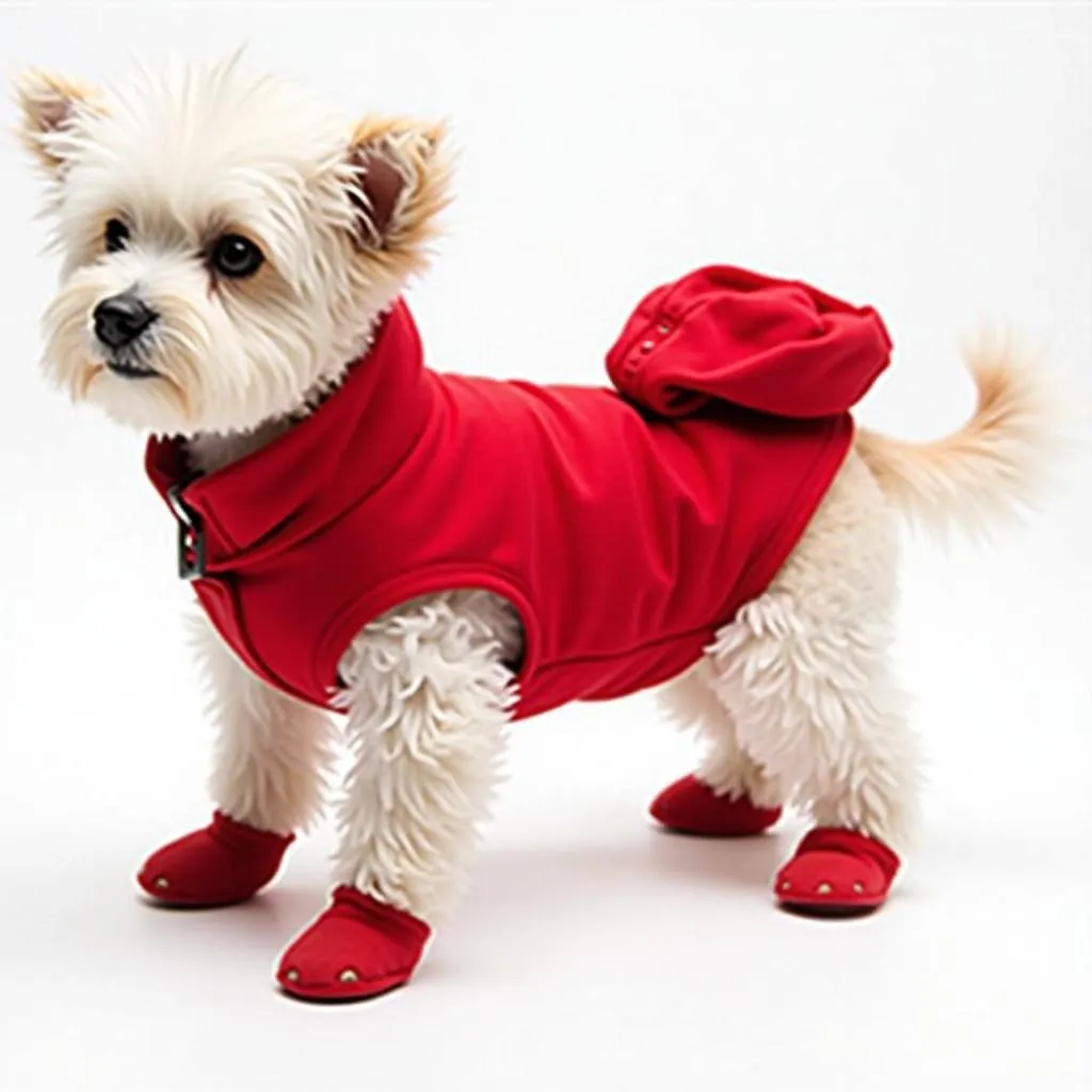 Dog wearing a red footed dog clothes with a hood, perfect for winter walks