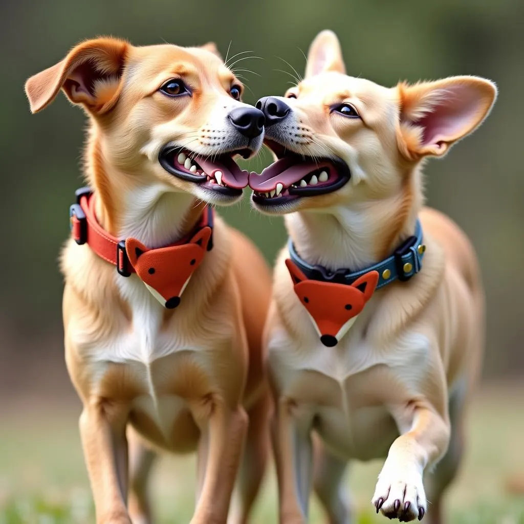 Two dogs playing happily together, both wearing fox-themed collars.