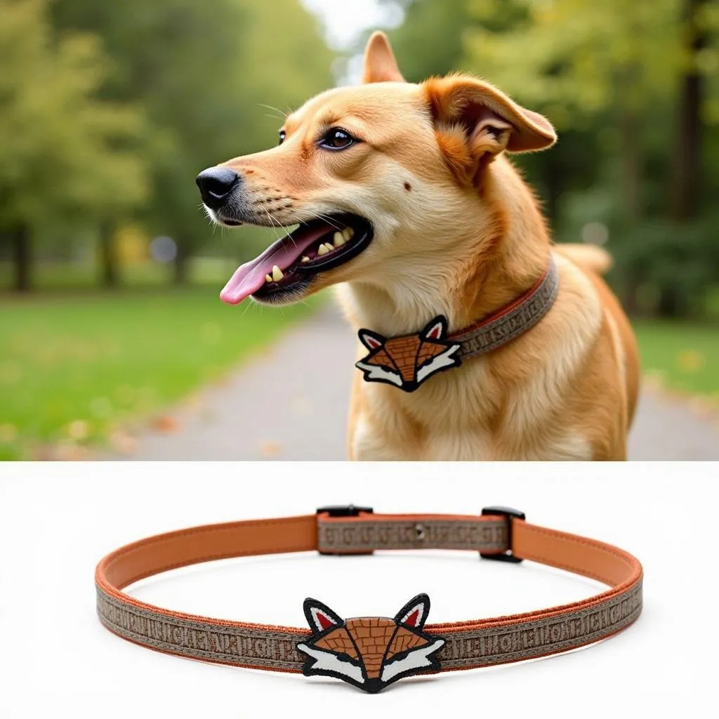 Dog wearing a fox-themed collar, walking in a park, enjoying the outdoors.