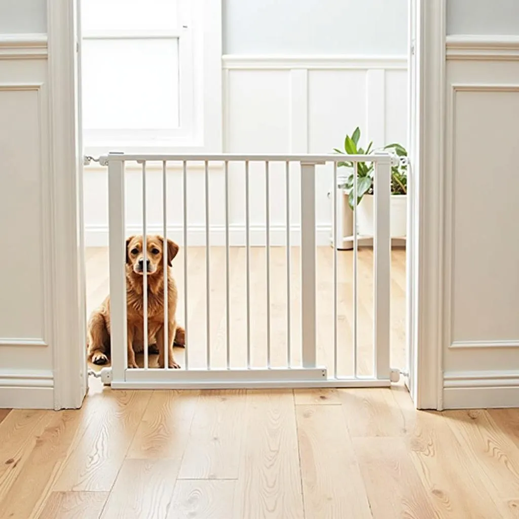 A small dog standing inside a freestanding dog gate