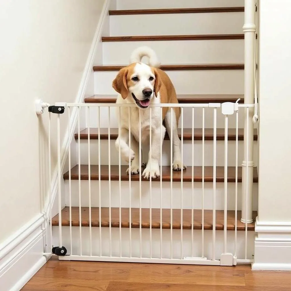 A freestanding dog gate at the top of the stairs