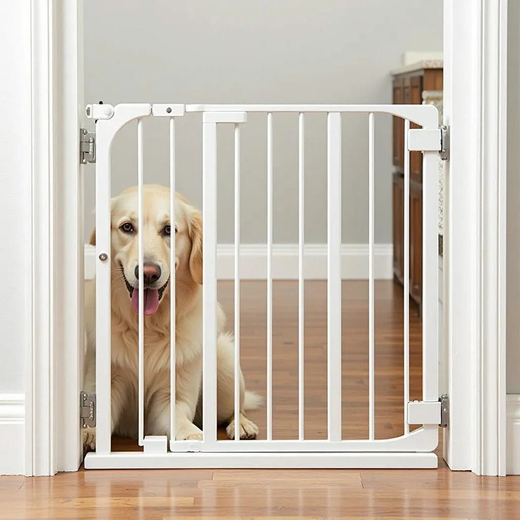 A large freestanding dog gate with a door that is open