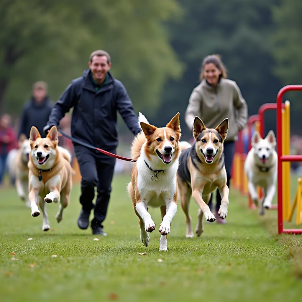 French Ring dog sport competition with dogs running obstacles and jumping with handler