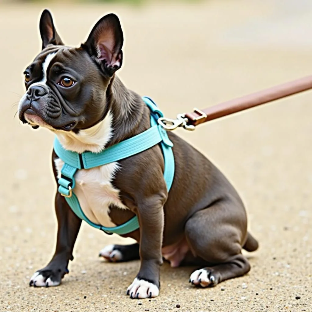 French Bulldog wearing a stylish harness and leash