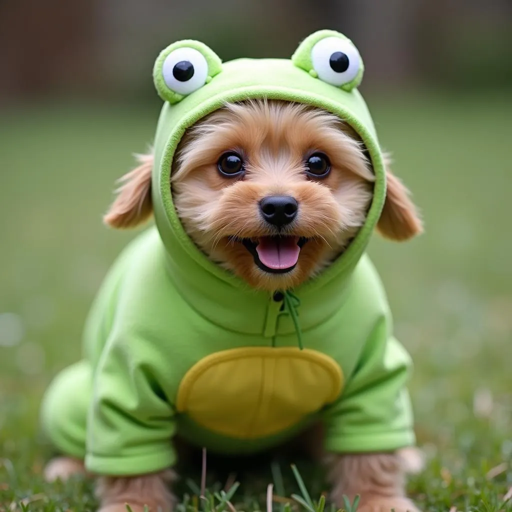 Dog dressed in a frog costume for Halloween