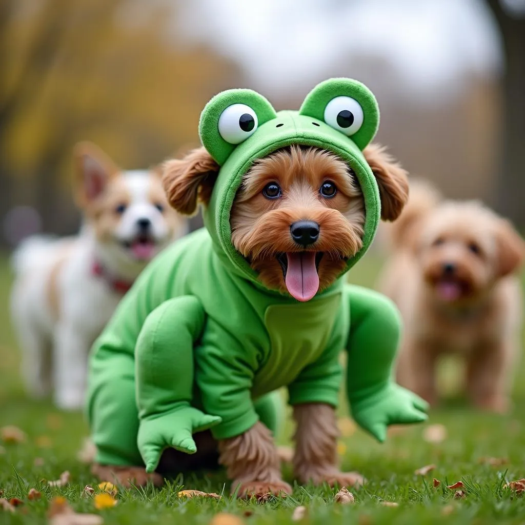 Dog playing in a frog costume at the dog park