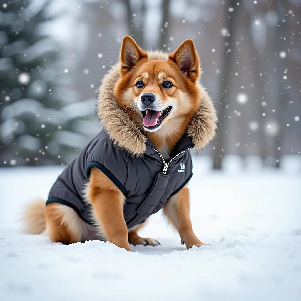 dog wearing a fur jacket in the snow