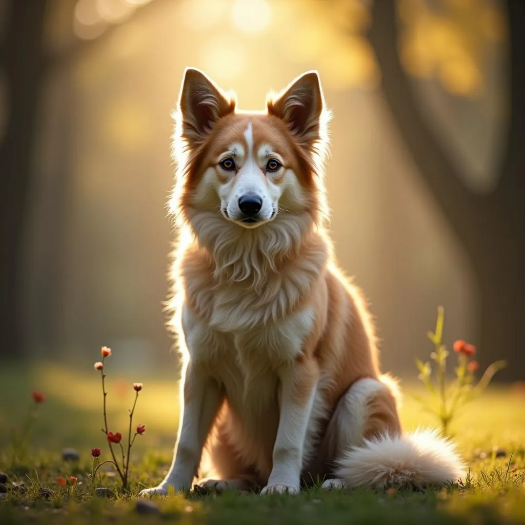 A Gaia dog meditating in a peaceful setting