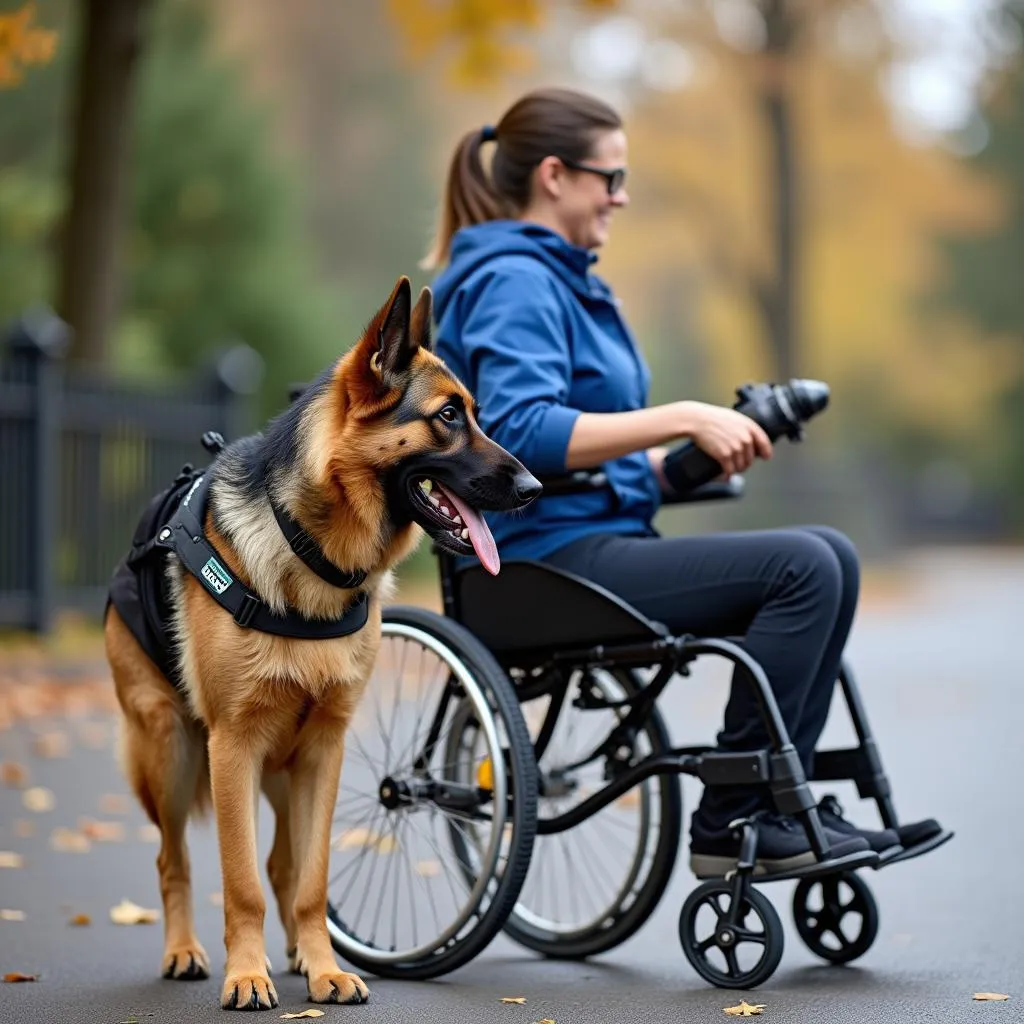 German Shepherd service dog assisting a wheelchair user