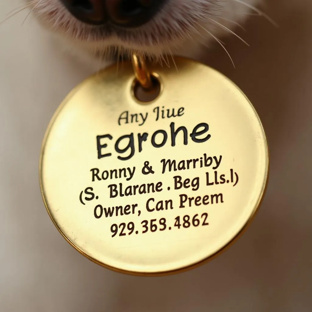 Gold engraved dog tag with pet's name and contact information