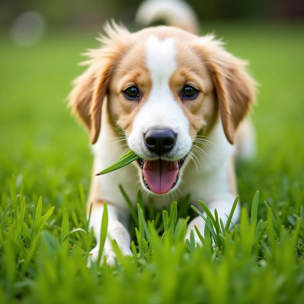 Healthy dog eating grass