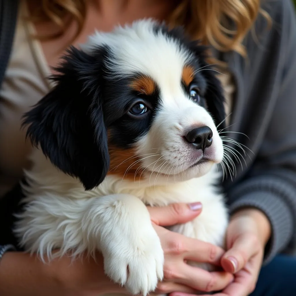 Great Pyrenees Bernese Mountain Dog puppy enjoying time with its owner