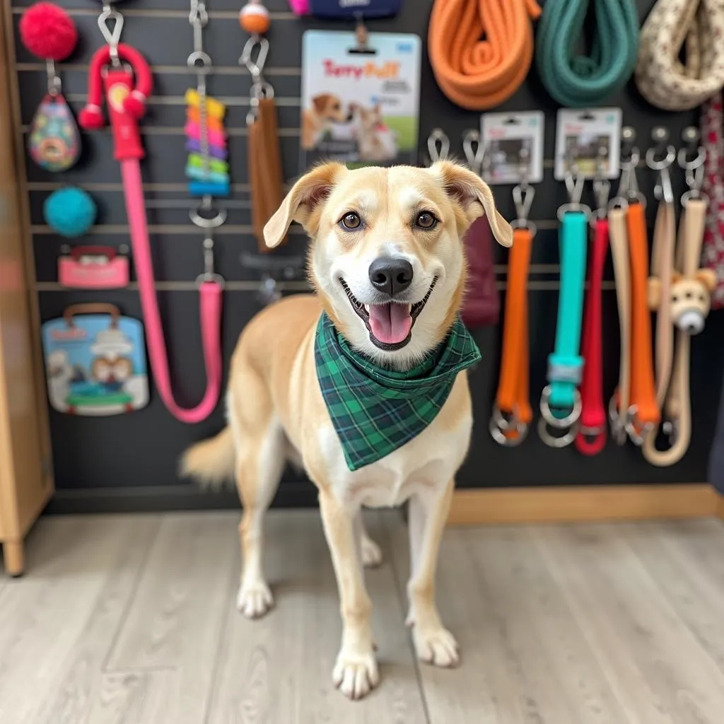 A dog wearing a green plaid dog bandana at a pet store