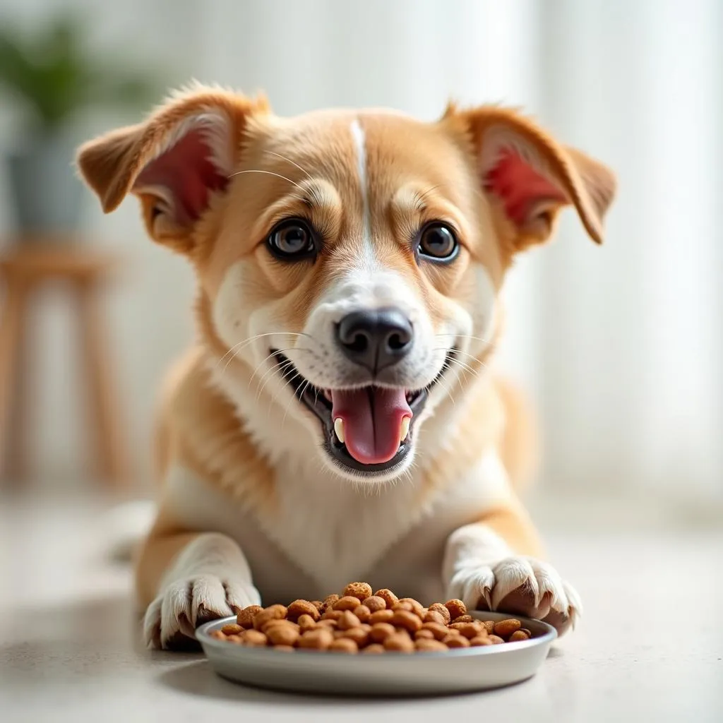 Image of a dog happily eating a bowl of dog food