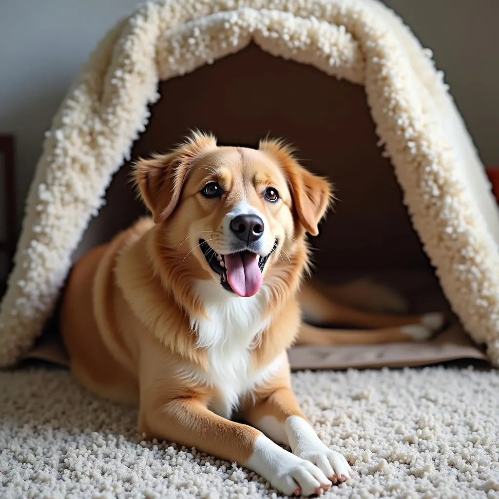 Happy dog enjoying the comfort of a dog tent large