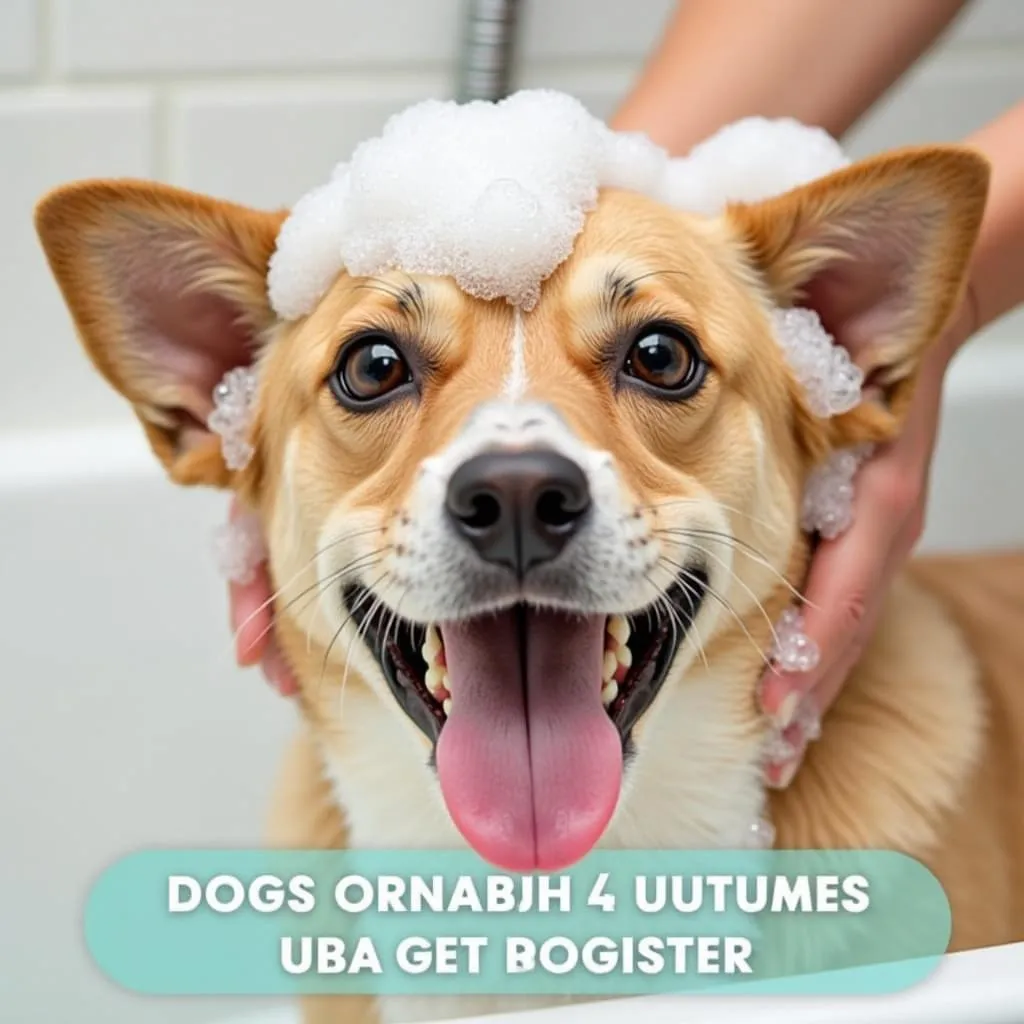 A dog happily receiving a bath with Tropical Jubilee Dog Shampoo.