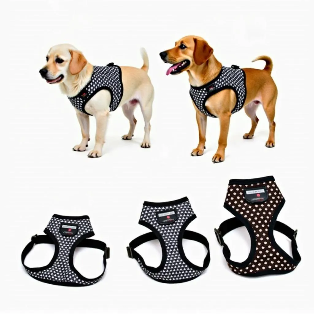 A variety of harness sets for dogs in different sizes