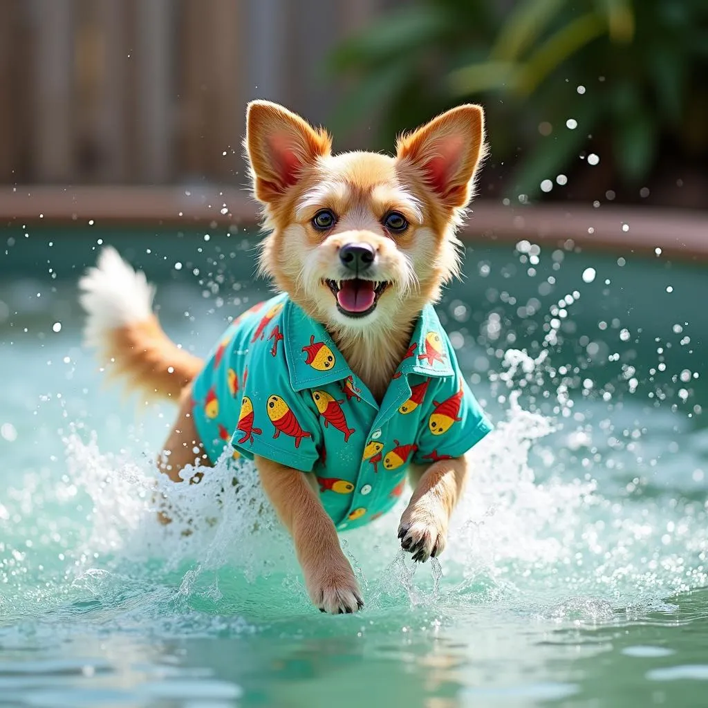 Dog playing with water wearing a Hawaiian shirt