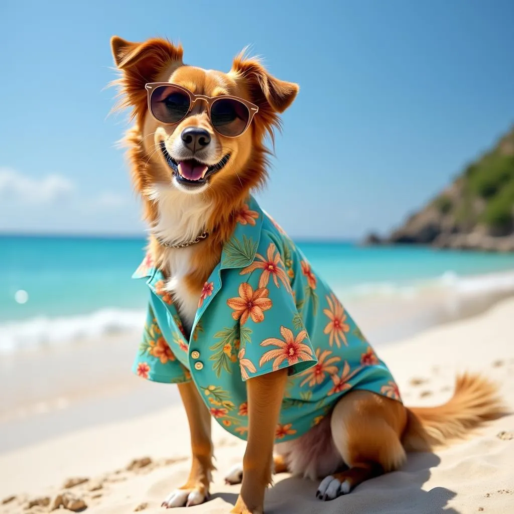 Dog wearing a Hawaiian shirt on the beach