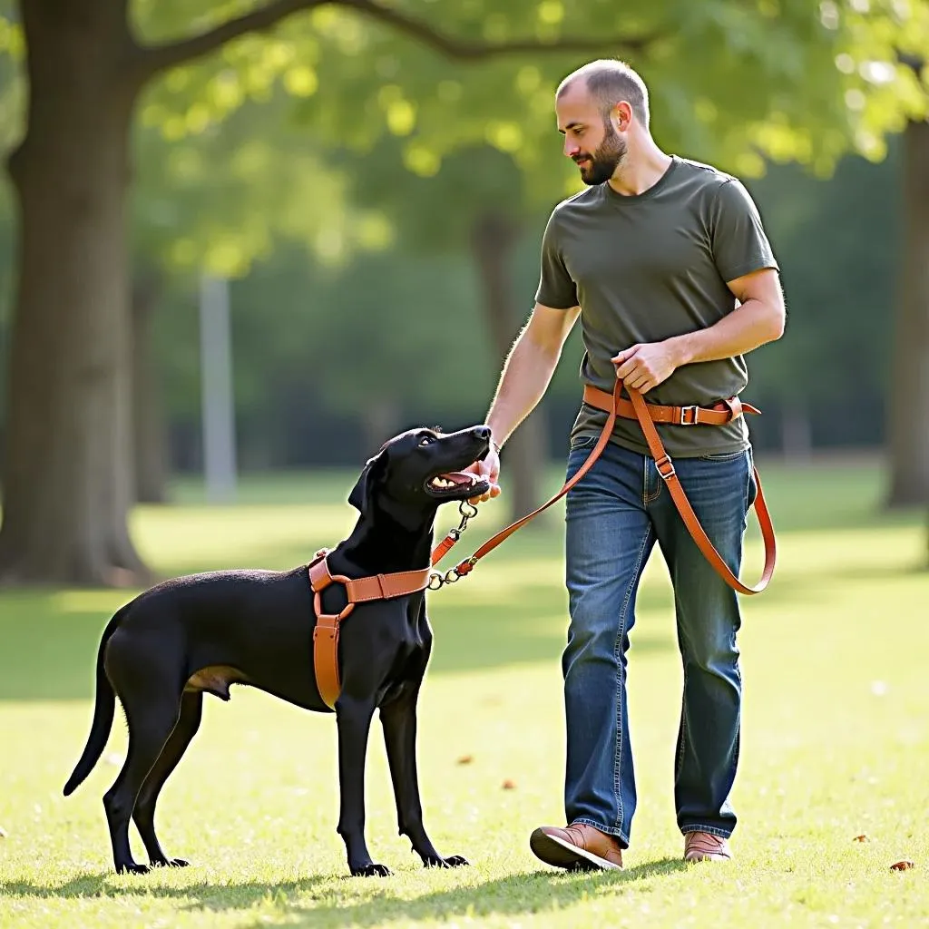 A man walking his large dog on a heavy-duty leather leash