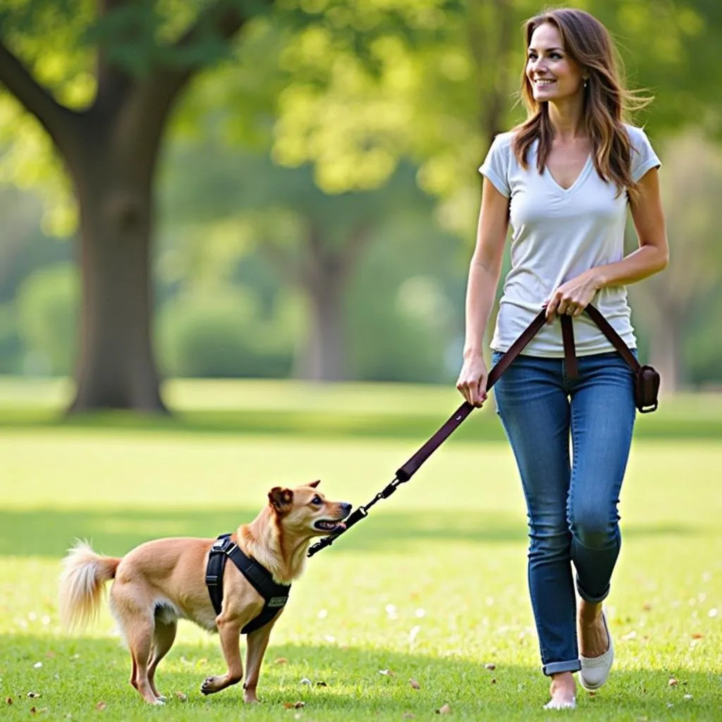 A woman walking her small dog on a heavy-duty leather leash