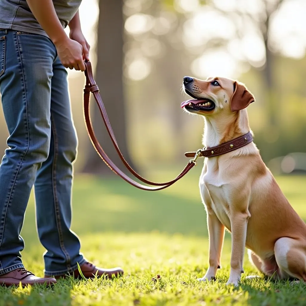 A dog trainer using a heavy-duty leather leash for training