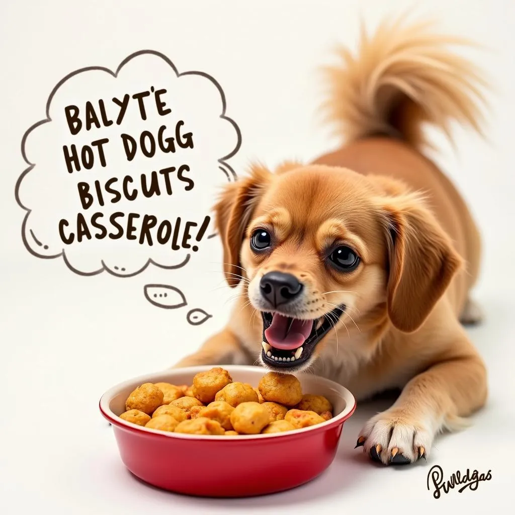 Dog enjoying a hot dog biscuit casserole in a dog bowl