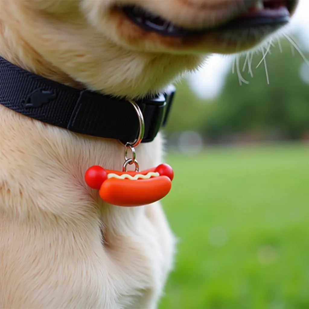 Adorable hot dog charm attached to a dog's collar