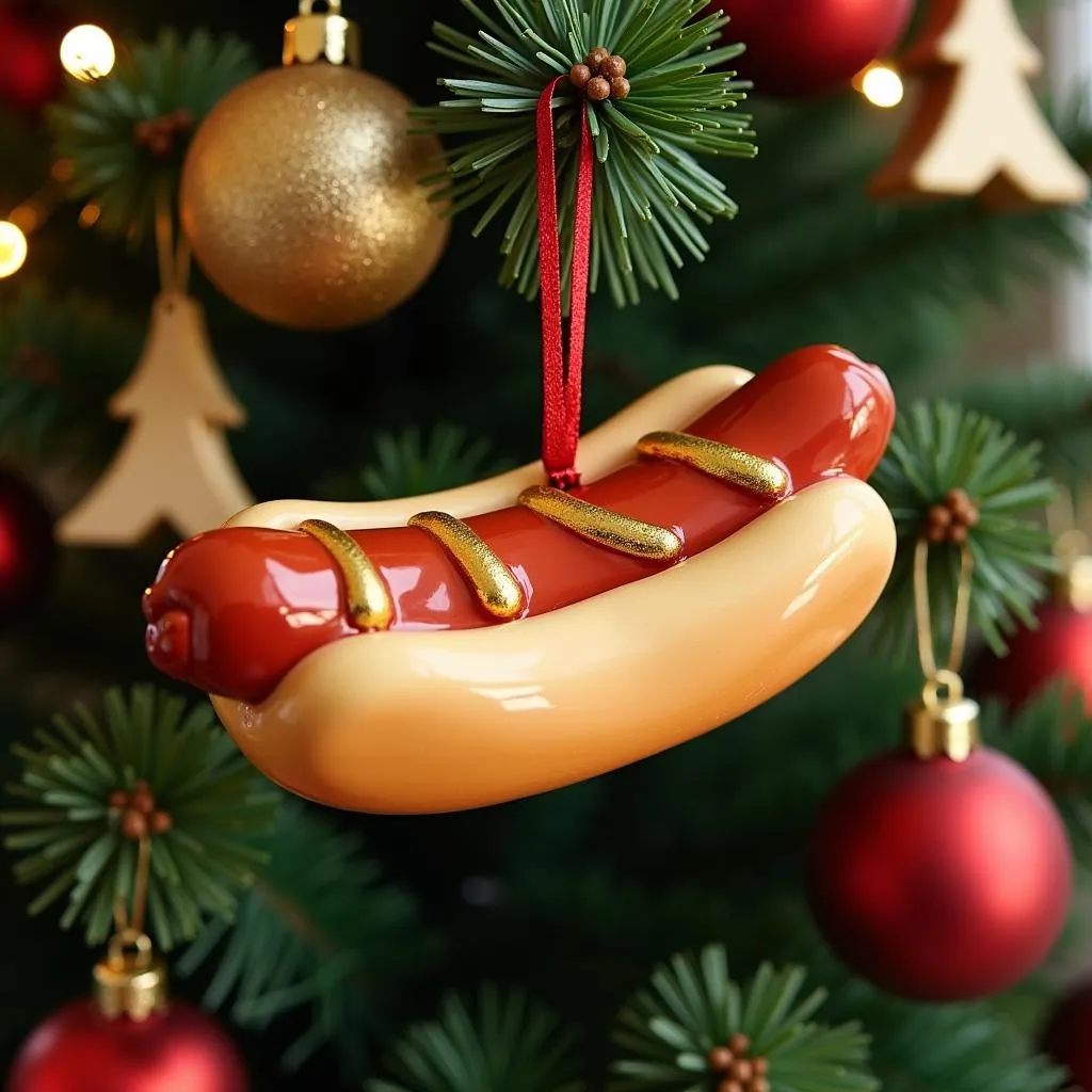 Hot dog Christmas ornament hanging on a tree