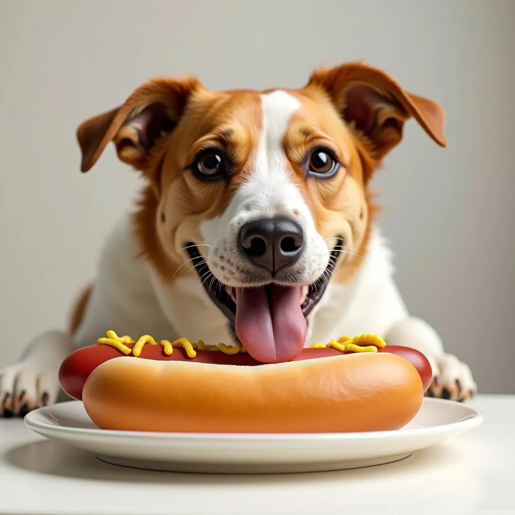 dog eating food from a hot dog plate