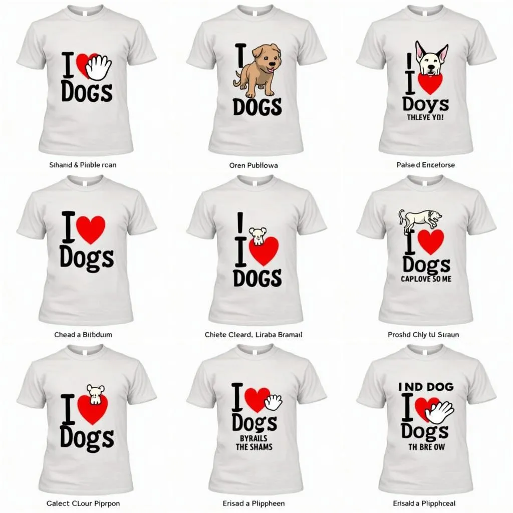 A variety of "I Love Dogs" t-shirt designs