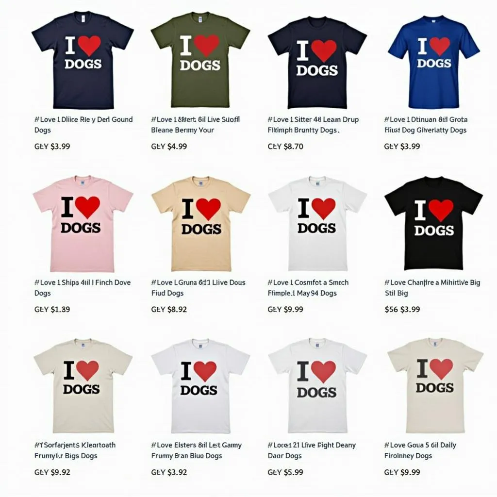 A variety of &quot;I Love Dogs&quot; t-shirts available for sale