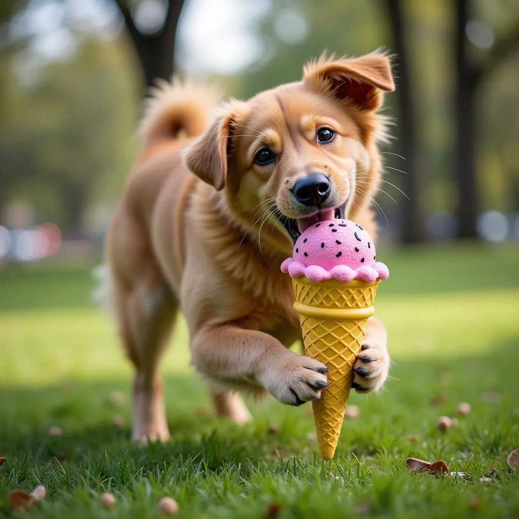 Happy dog playing with ice cream cone dog toy