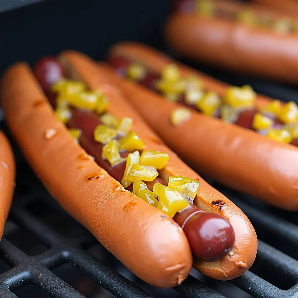 Grilled Johnsonville Beef Hot Dogs with Mustard and Relish