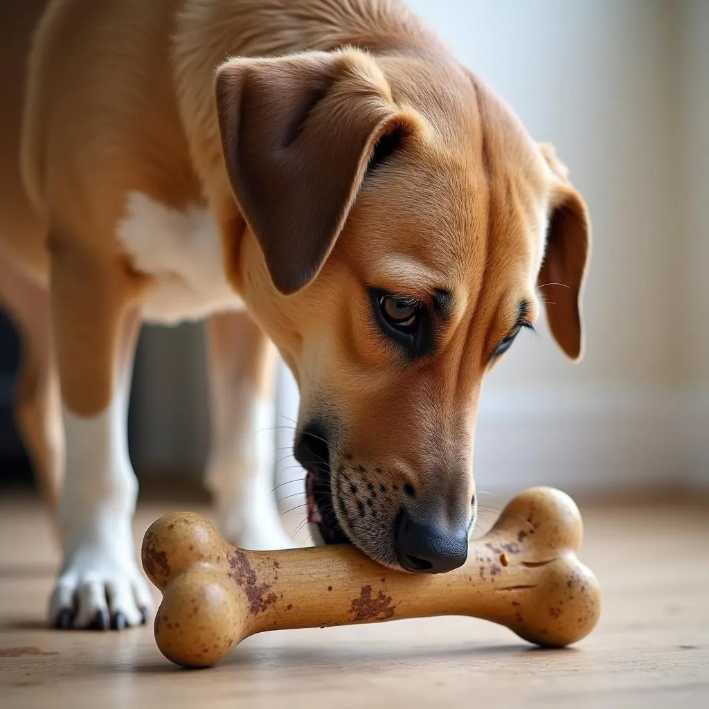 Dog chewing on JR Cow Horse Bit dog bone