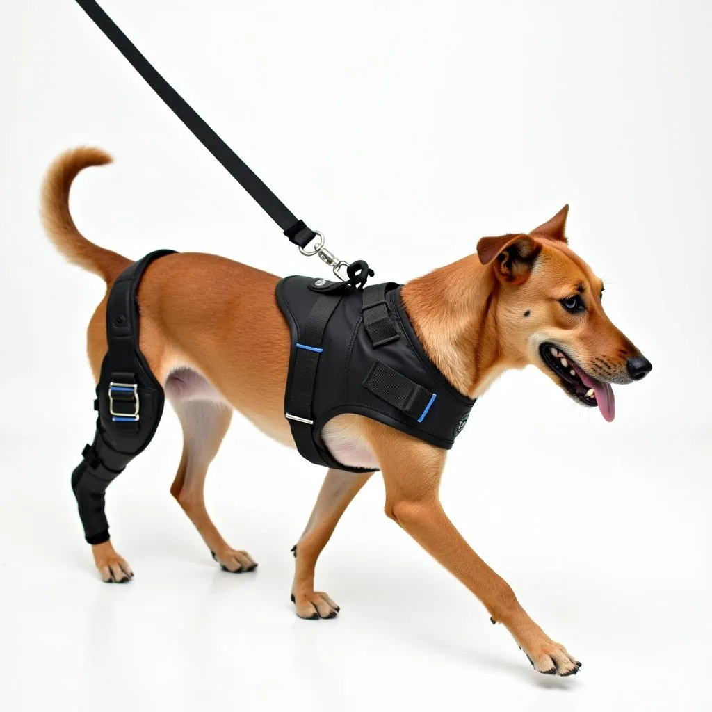 Dog wearing a knee brace for torn ACL recovery