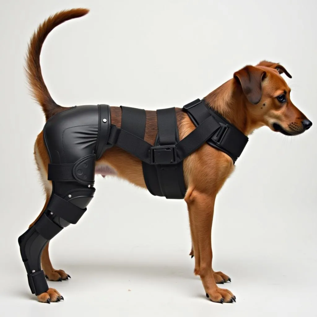 Dog wearing knee brace for ACL injury