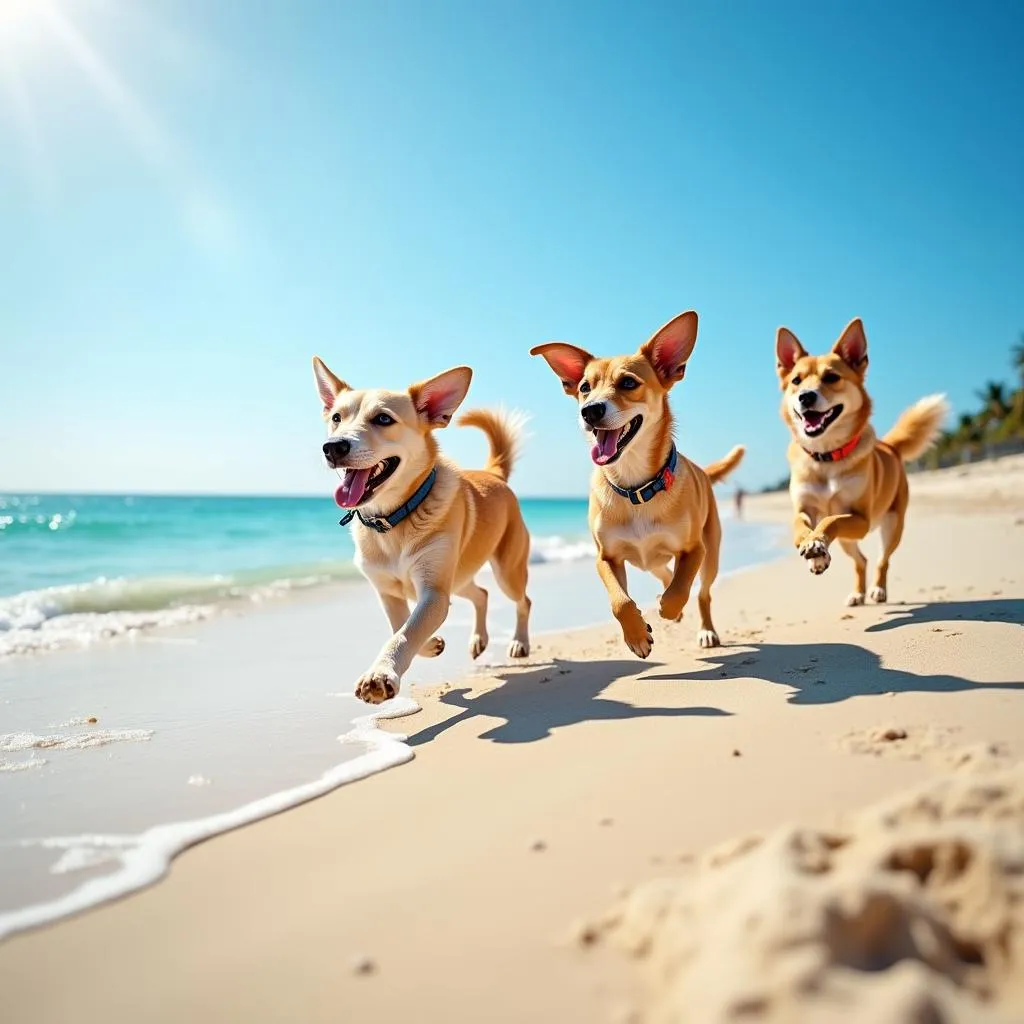 Dogs enjoying a sunny day at a Lake Winnipesaukee beach