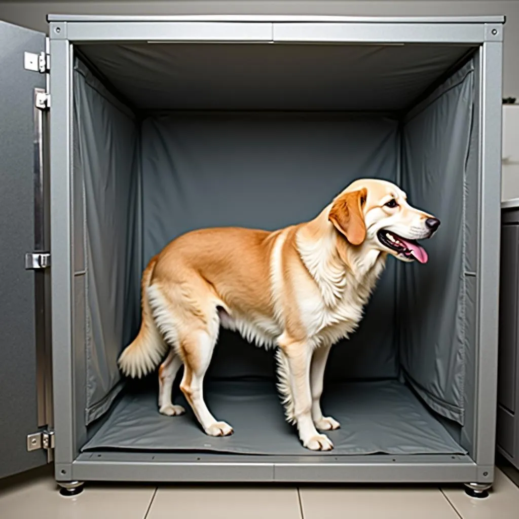 Large dog being dried in a dryer box