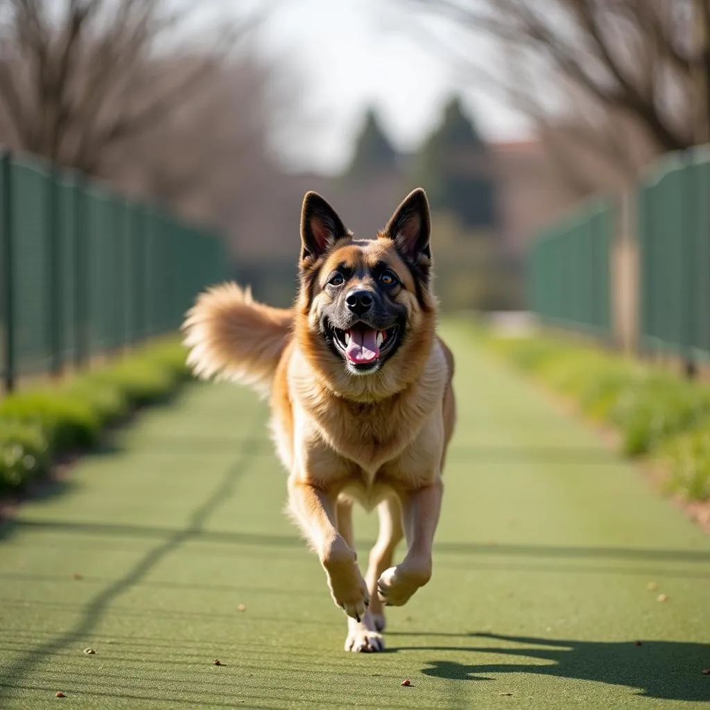 A large dog running safely on a track with secure gates and fences