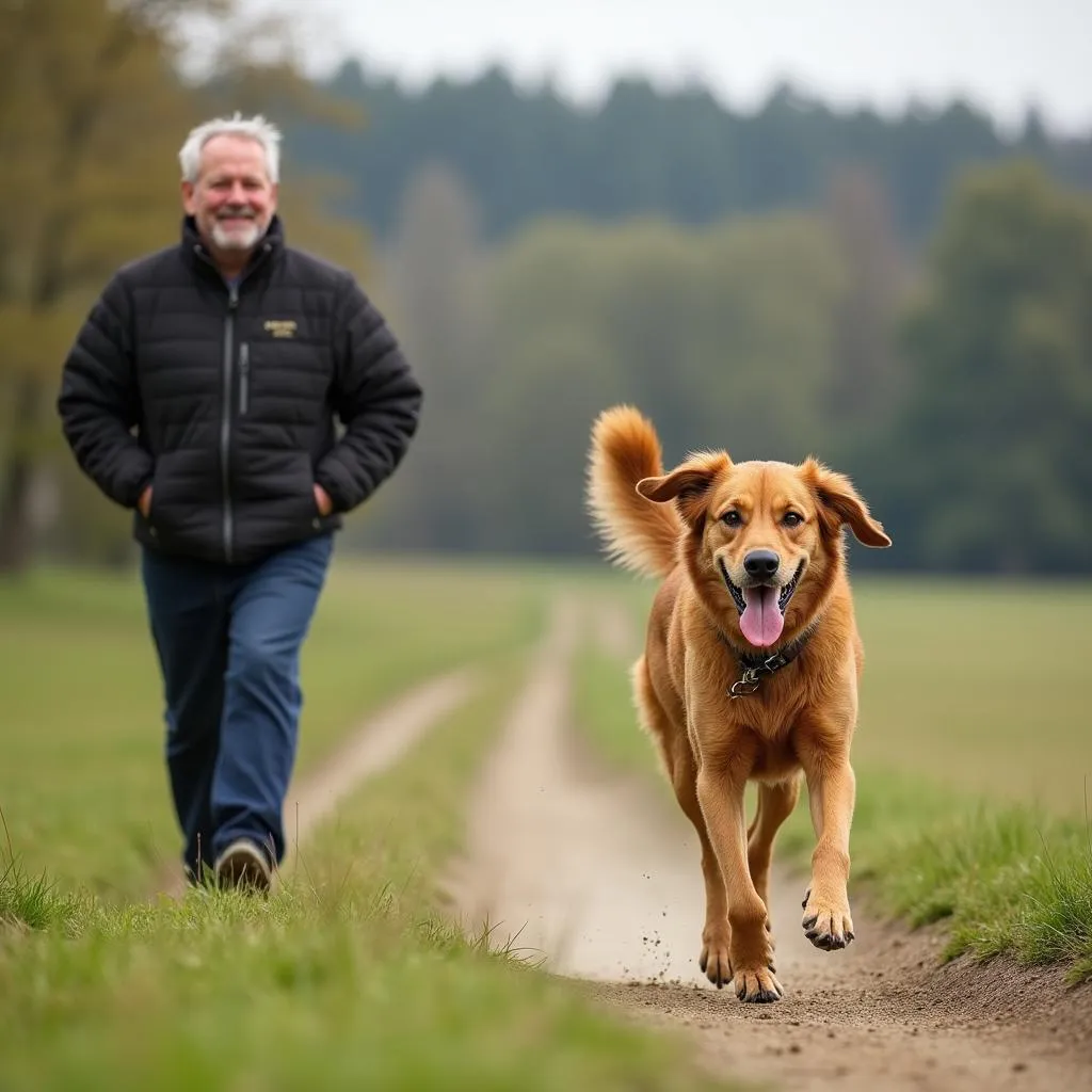 Dog owner watching their dog running on a track with a smile