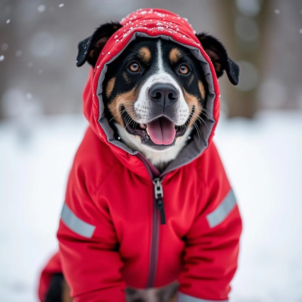 Large Dog Wearing a Snowsuit