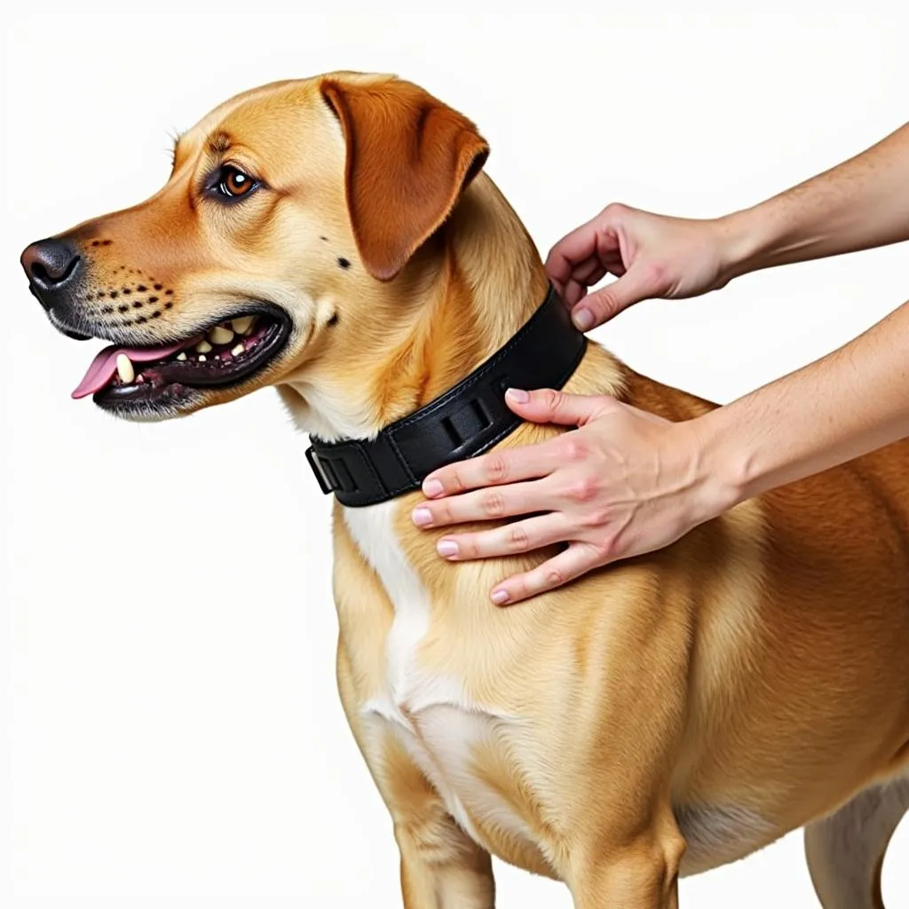 Dog owner using a leather choke collar on their dog, with the collar being adjusted correctly to ensure a comfortable fit