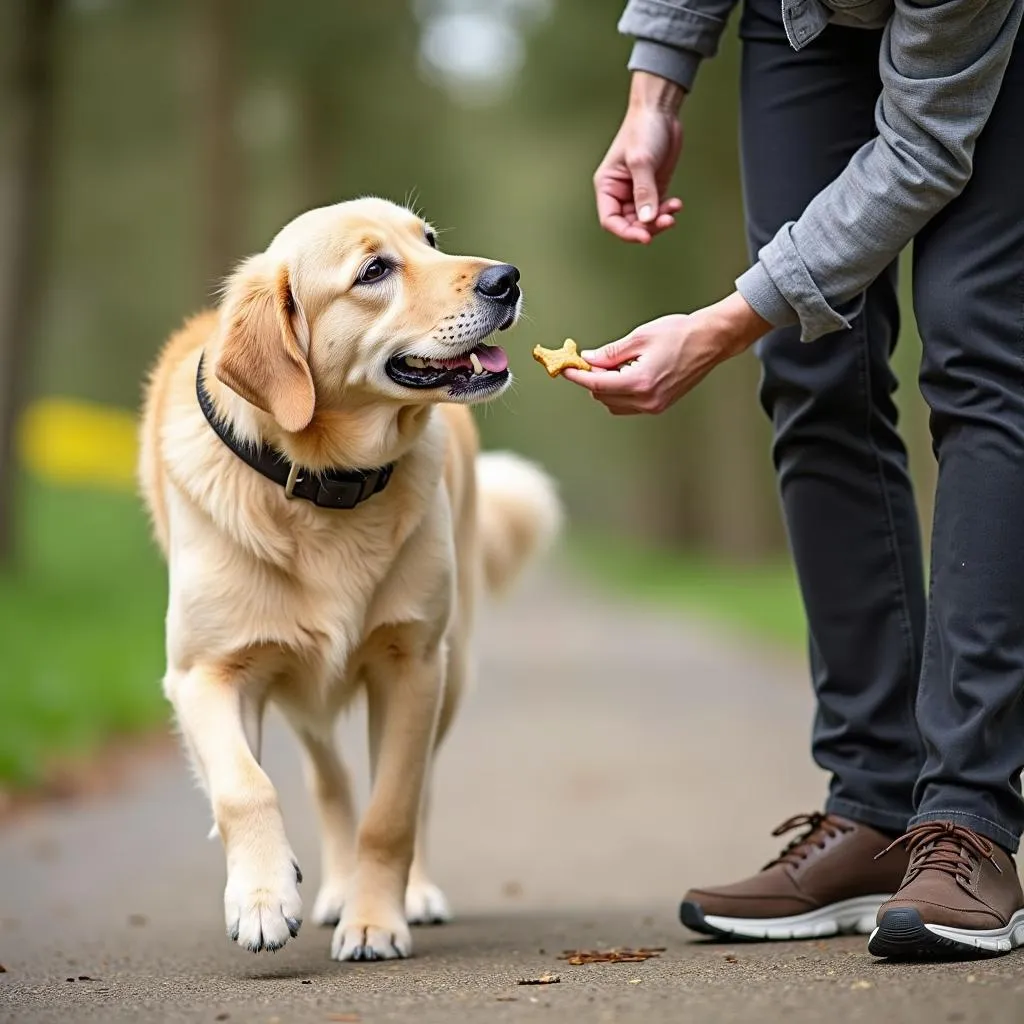 Dog owner using positive reinforcement training techniques with their dog and a leather choke collar