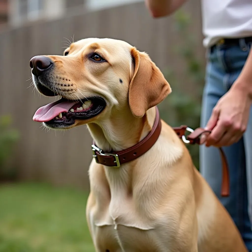 Dog training with leather choke collar