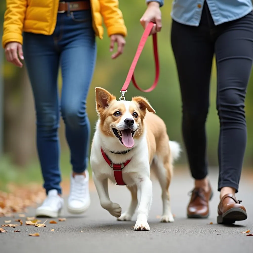 A dog wearing a stylish leopard print dog leash while on a walk with its owner