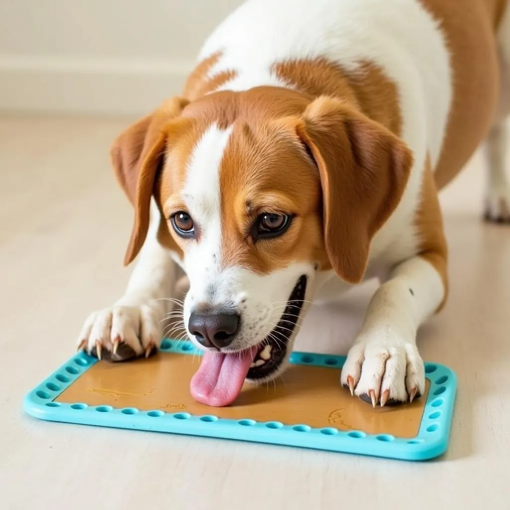 Dog enjoying lick mat with peanut butter