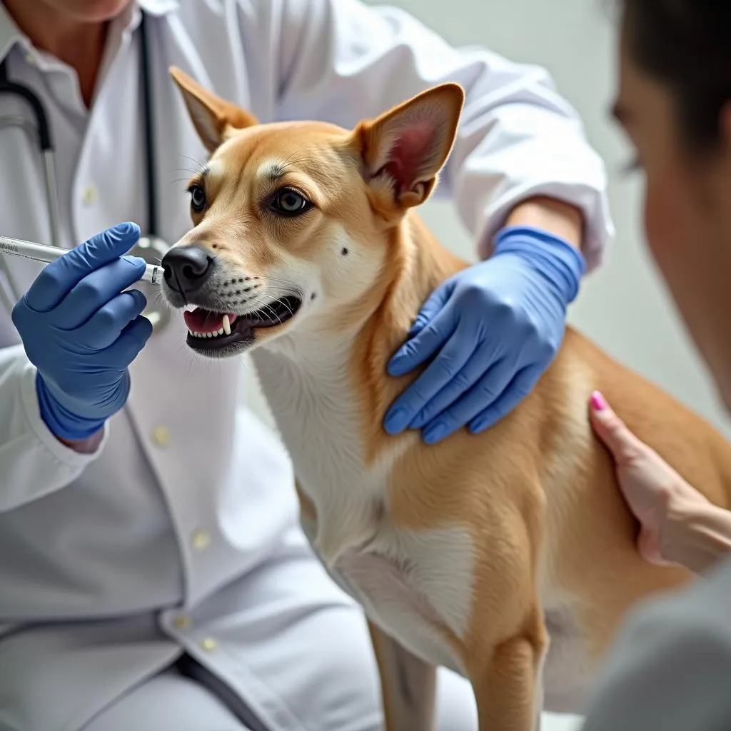 Veterinarian injecting Liquamycin LA-200 into a dog