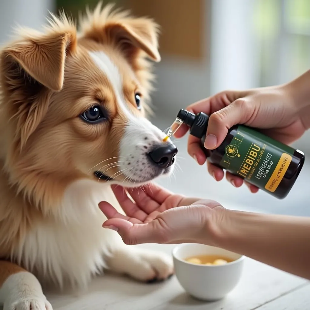 Dog owner giving liquid probiotic to dog