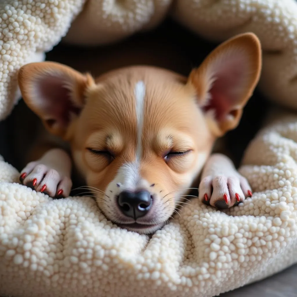 Little dog sleeping soundly in a cozy bed